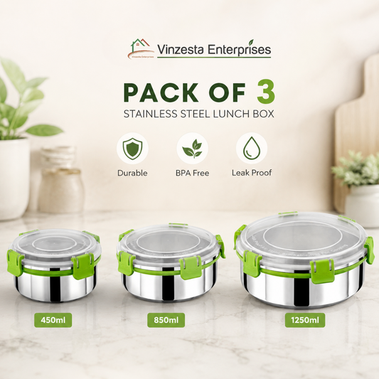 Stainless Steel Lunch Box Combo 450ml 850ml & 1250ml with Secure Locking Lid Set