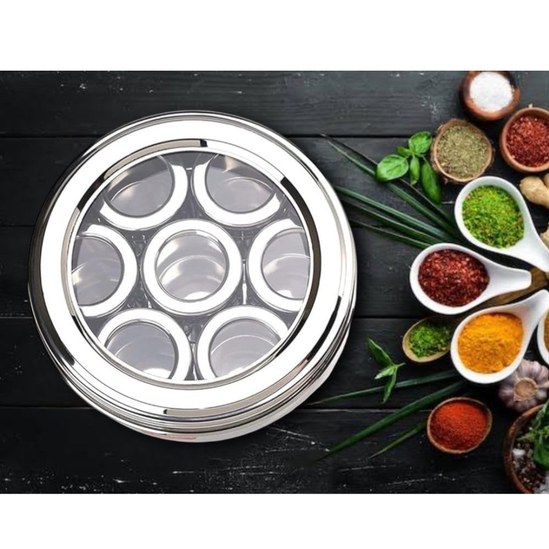 Masala Box Stainless Steel Spice Container Silver Airtight 7 in 1 Storage