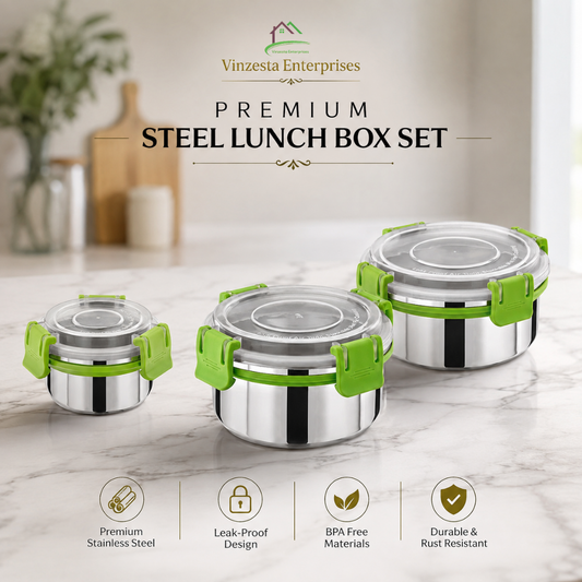 Stainless Steel Lunch Box Combo 150ml 300ml & 450ml with Secure Locking Lids