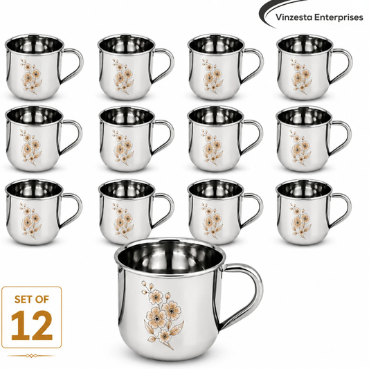 Stainless Steel Tea Cup Set 120ml Floral Design for Home Office Use