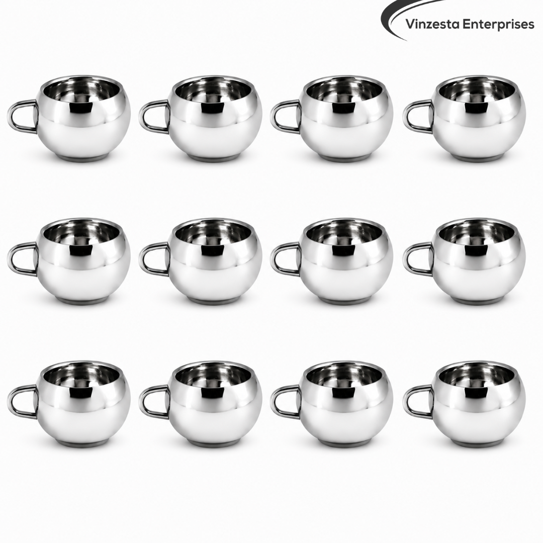 Stainless Steel Tea Cups 120ml Round Polished Steel Cups Set for Home & Gifting