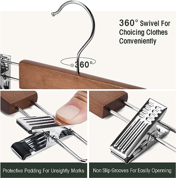 Vinzesta Wooden Pants & Skirts Hangers with Adjustable Clips Pack of 6