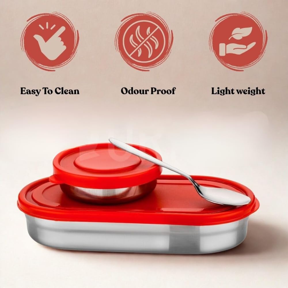Stainless Steel Lunch Box 450 ml with Leakproof Lid & Spoon | Oval Tiffin Box for Kids, Boys, Girls & Women | Durable Steel Lunch Box for School, Office & Travel