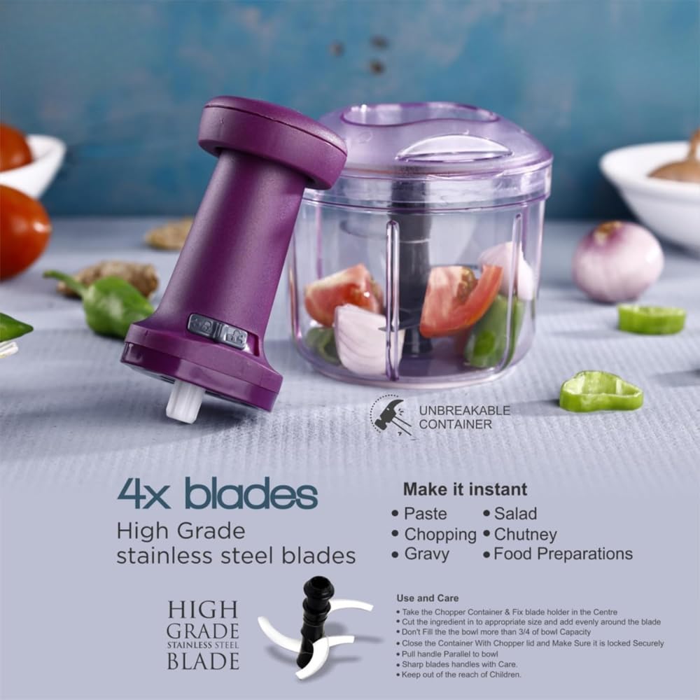 Manual Food Chopper with 4 Stainless Steel Blades | Hand Press Vegetable Cutter for Onion, Tomato, Potato & Salad | Multipurpose Kitchen Chopper (1000 ML)