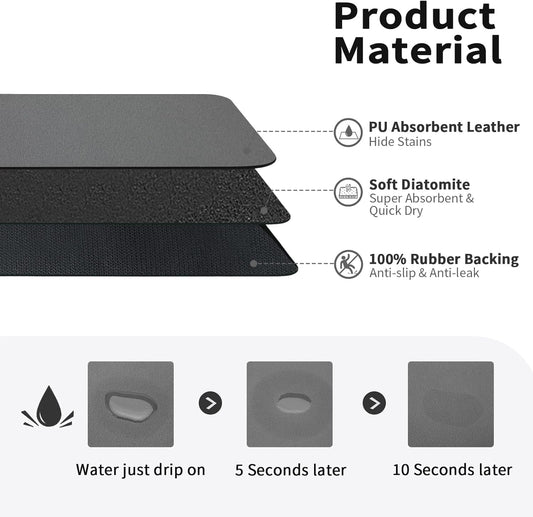 Dish Drying Mat for Kitchen, Large PU Leather, Waterproof and Leak Proof, Non-Slip Rubber Backing, 40 x 60 cm, Black