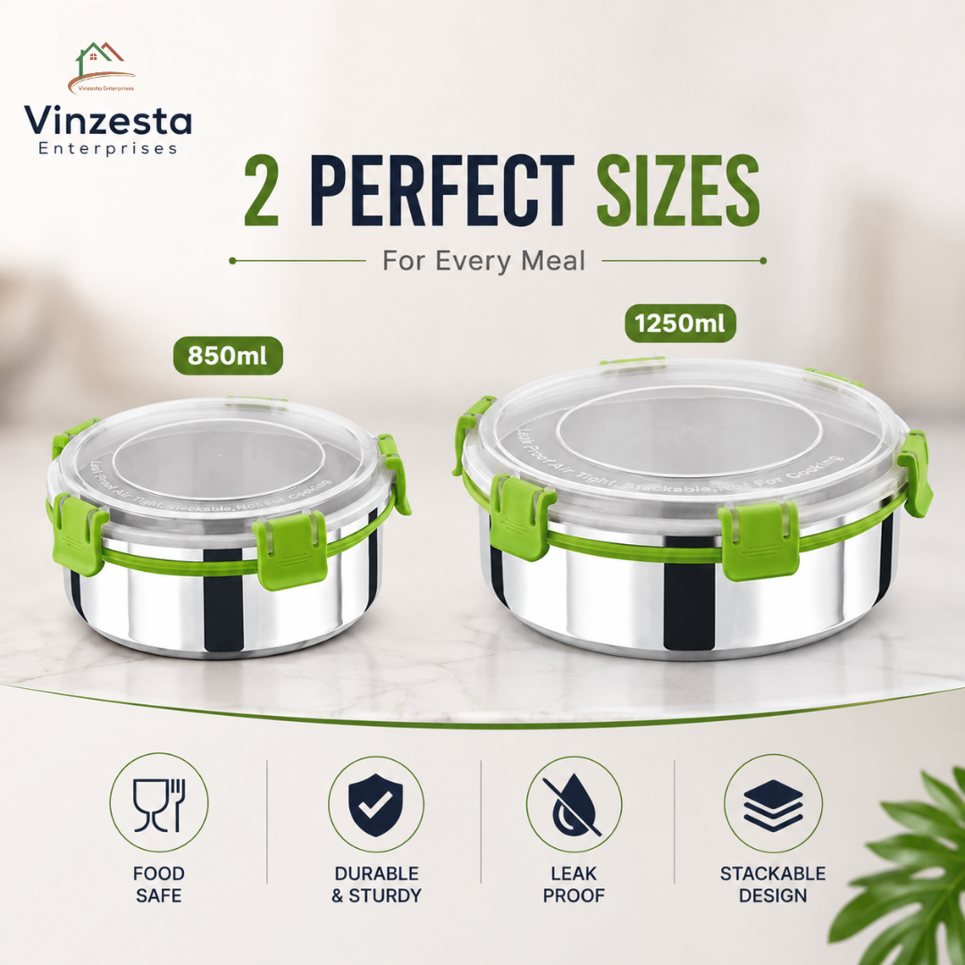 Stainless Steel Lunch Box Combo 850ml & 1250ml with Locking Lid