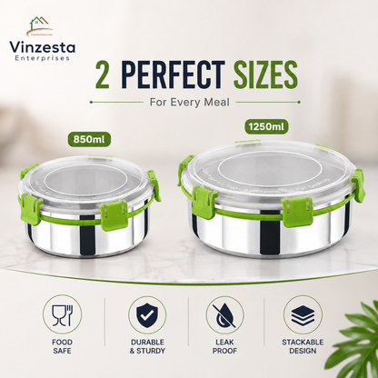 Stainless Steel Lunch Box Combo 850ml & 1250ml with Locking Lid