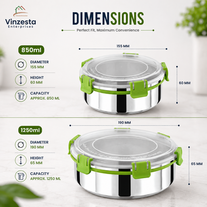 Stainless Steel Lunch Box Combo 850ml & 1250ml with Locking Lid