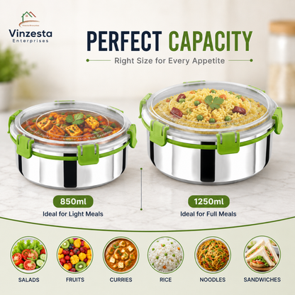 Stainless Steel Lunch Box Combo 850ml & 1250ml with Locking Lid