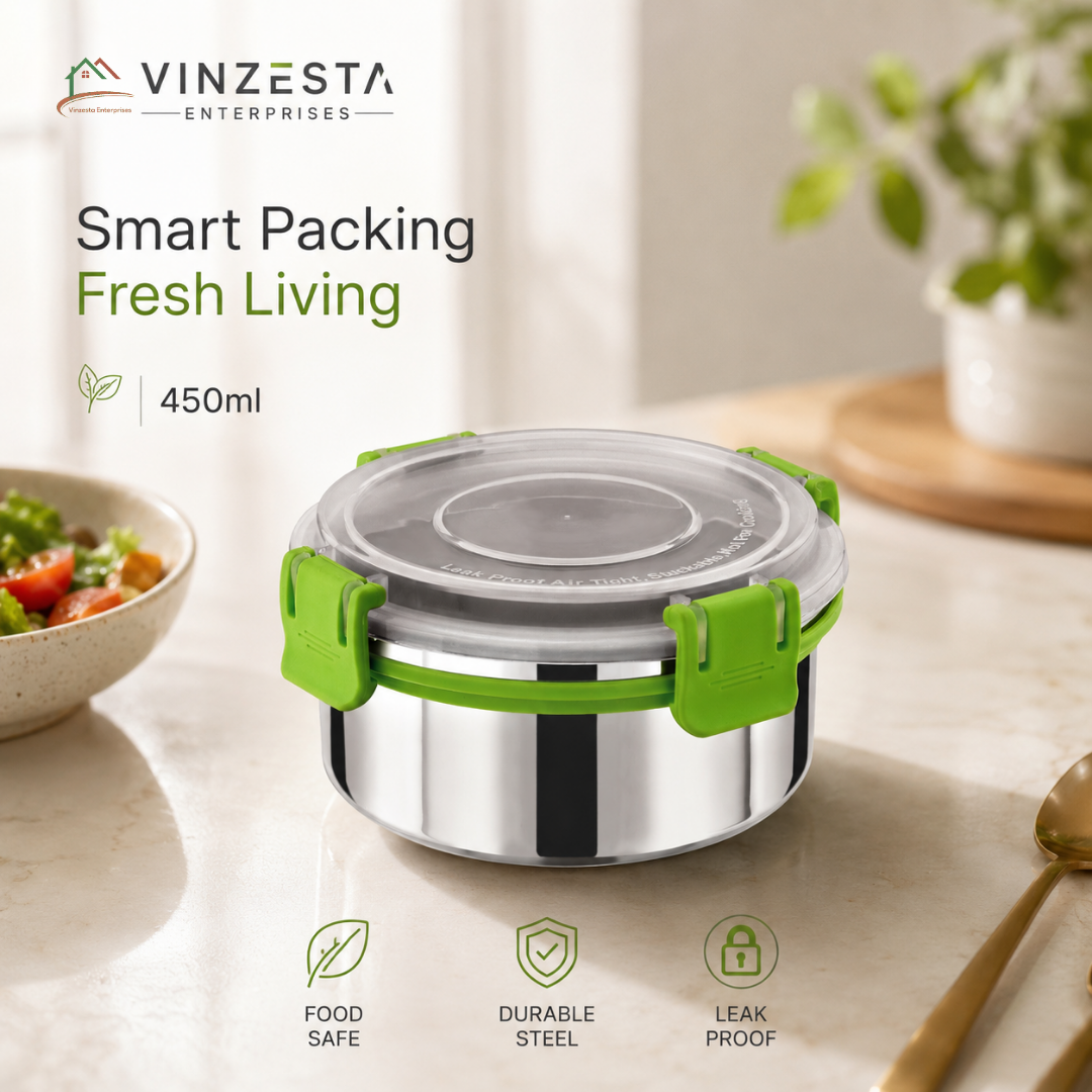 Stainless Steel Lunch Box 450ml with Leakproof Lid and Secure Locking Clips