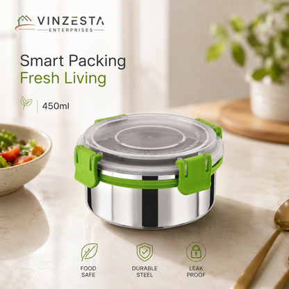 Stainless Steel Lunch Box 450ml with Leakproof Lid and Secure Locking Clips