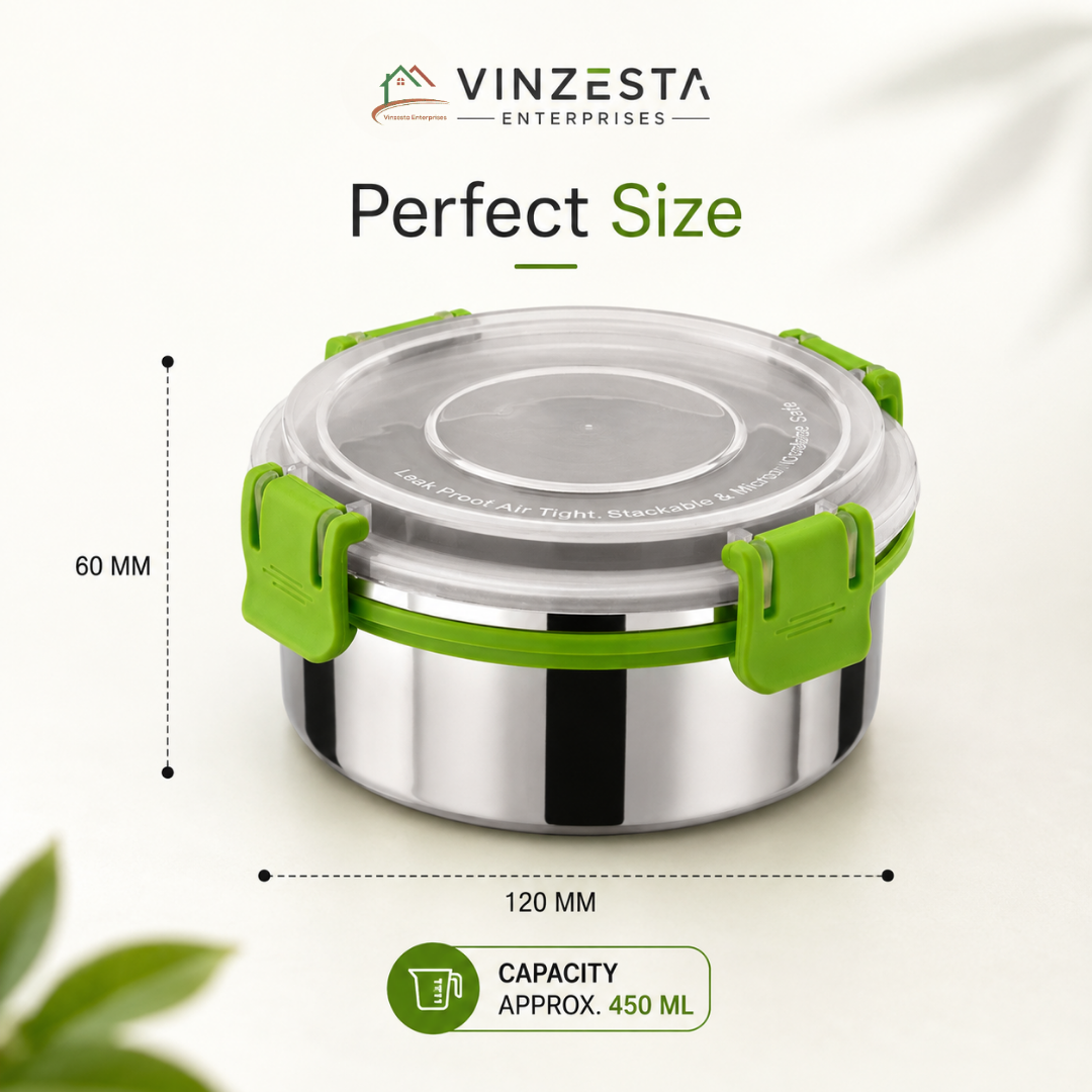 Stainless Steel Lunch Box 450ml with Leakproof Lid and Secure Locking Clips