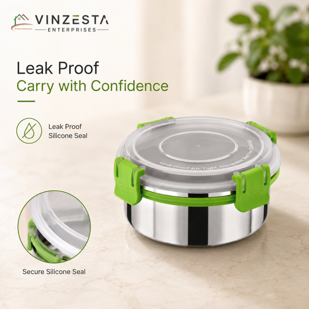 Stainless Steel Lunch Box 450ml with Leakproof Lid and Secure Locking Clips