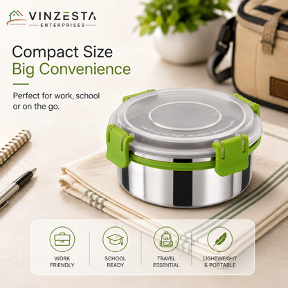 Stainless Steel Lunch Box 450ml with Leakproof Lid and Secure Locking Clips