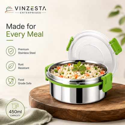 Stainless Steel Lunch Box 450ml with Leakproof Lid and Secure Locking Clips