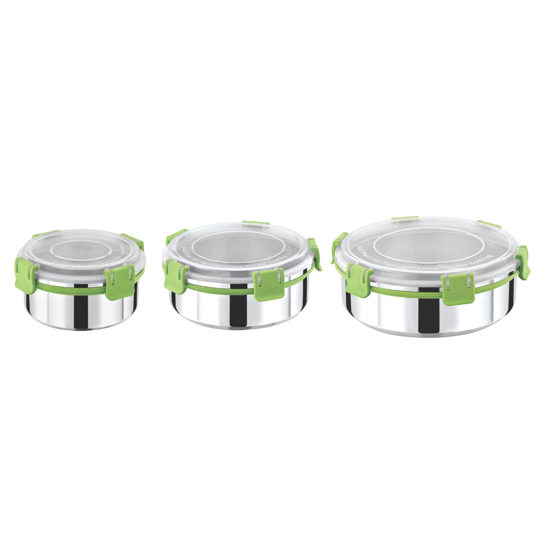 Stainless Steel Lunch Box Combo 450ml 850ml & 1250ml with Secure Locking Lid Set