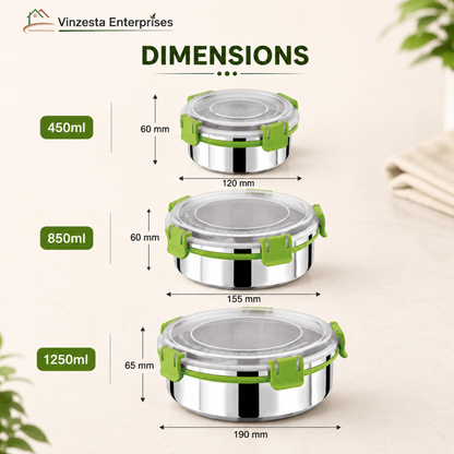 Stainless Steel Lunch Box Combo 450ml 850ml & 1250ml with Secure Locking Lid Set