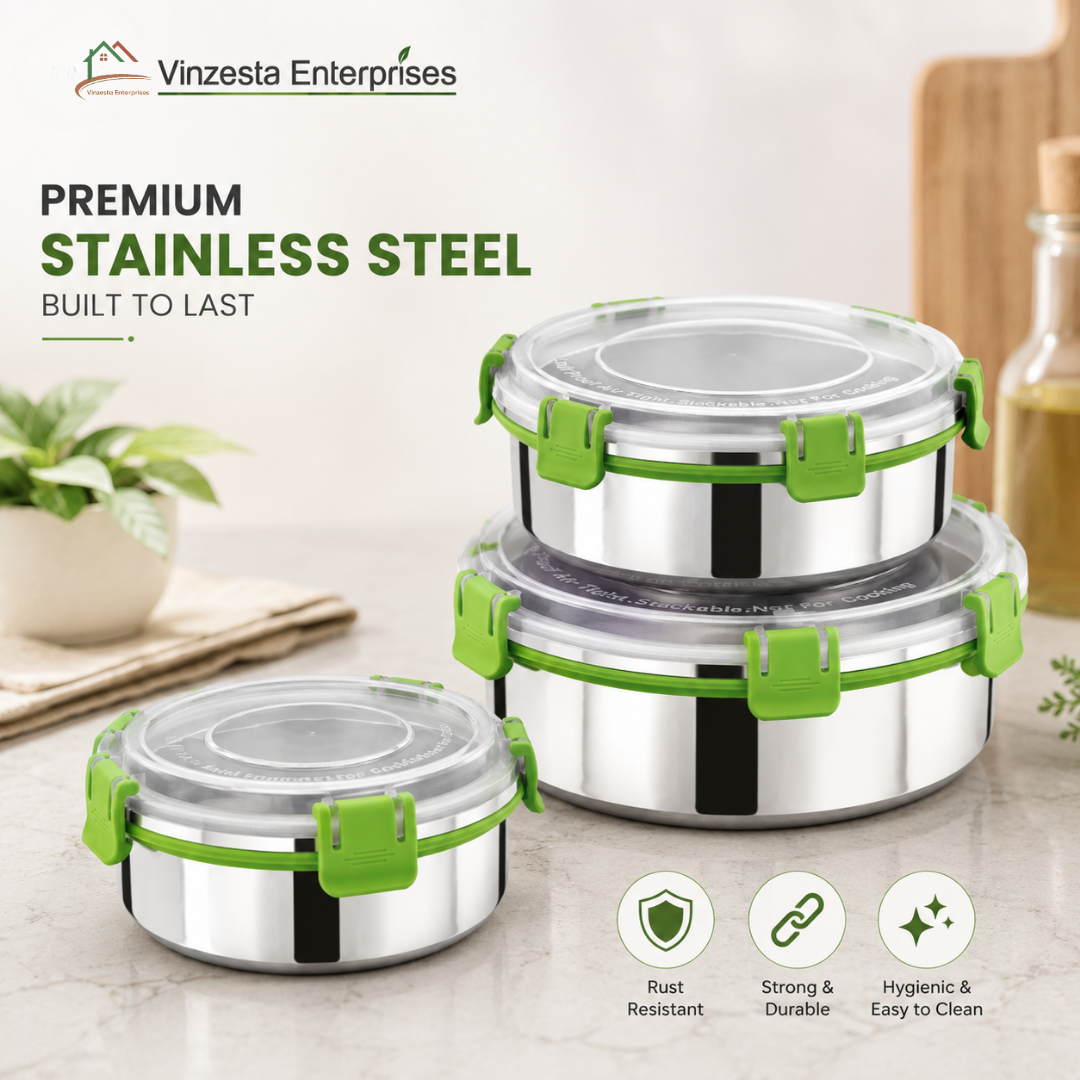 Stainless Steel Lunch Box Combo 450ml 850ml & 1250ml with Secure Locking Lid Set