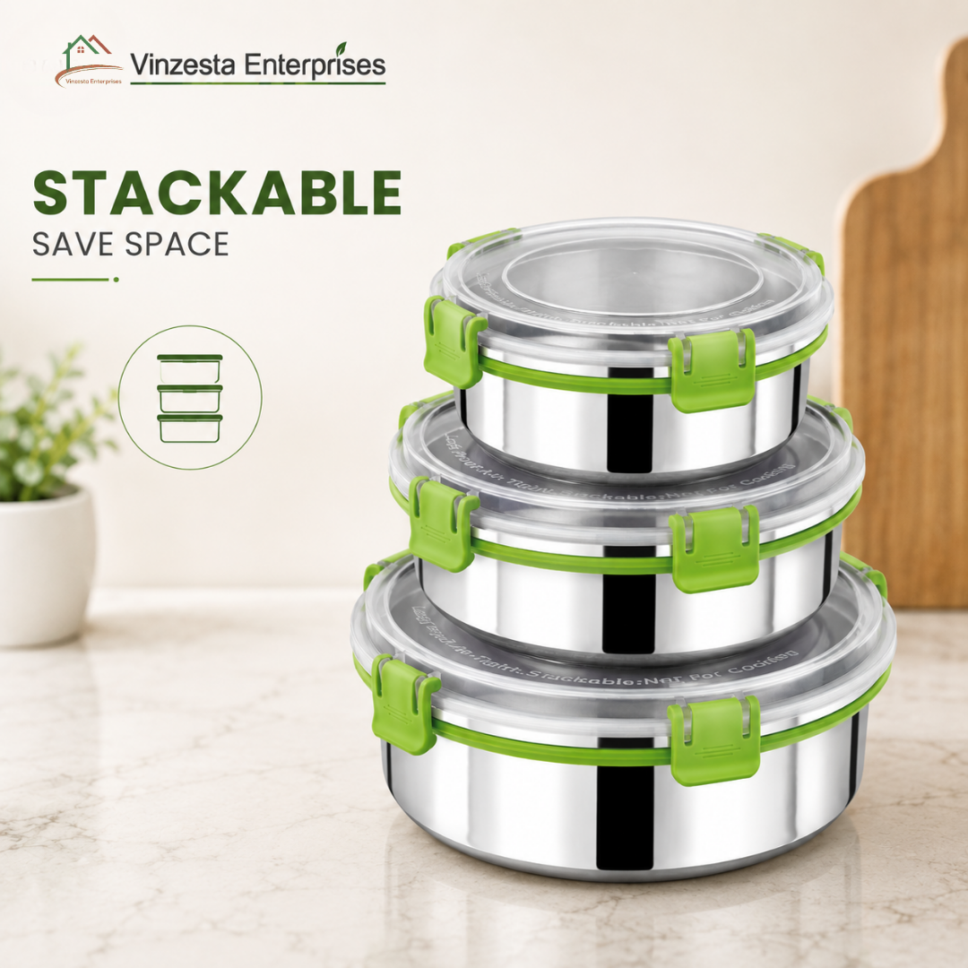 Stainless Steel Lunch Box Combo 450ml 850ml & 1250ml with Secure Locking Lid Set