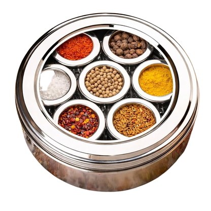 Masala Box Stainless Steel Spice Container Silver Airtight 7 in 1 Storage