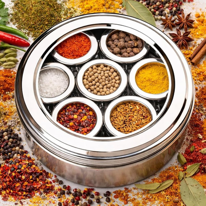 Masala Box Stainless Steel Spice Container Silver Airtight 7 in 1 Storage