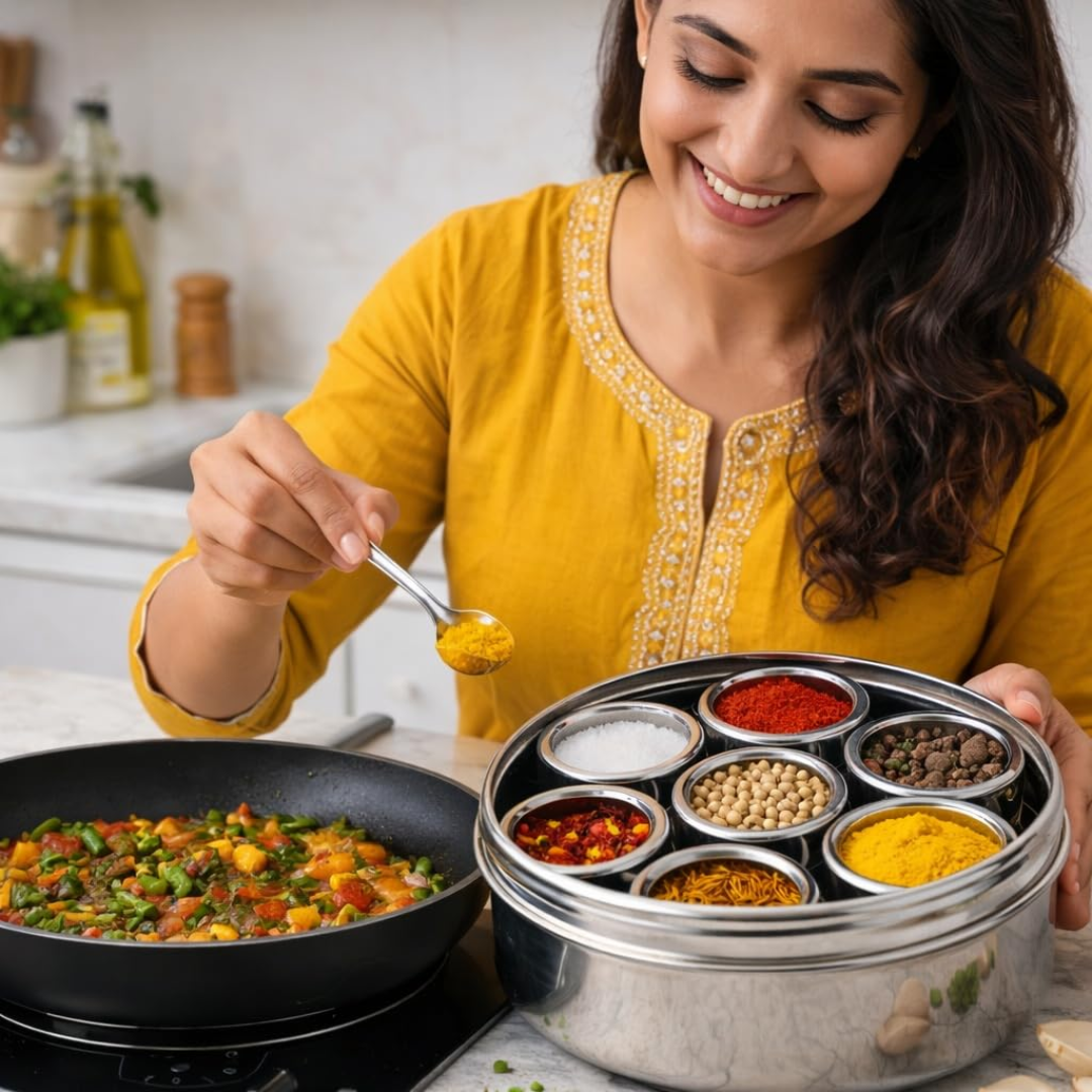 Masala Box Stainless Steel Spice Container Silver Airtight 7 in 1 Storage