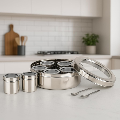 Masala Box Stainless Steel Spice Container Silver Airtight 7 in 1 Storage