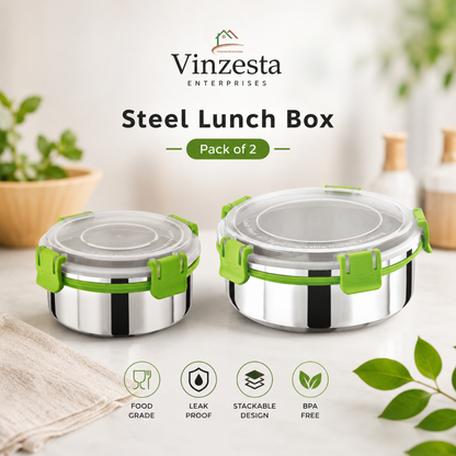 Stainless Steel Lunch Box Combo 450ml & 850ml with Secure Locking Lid Set