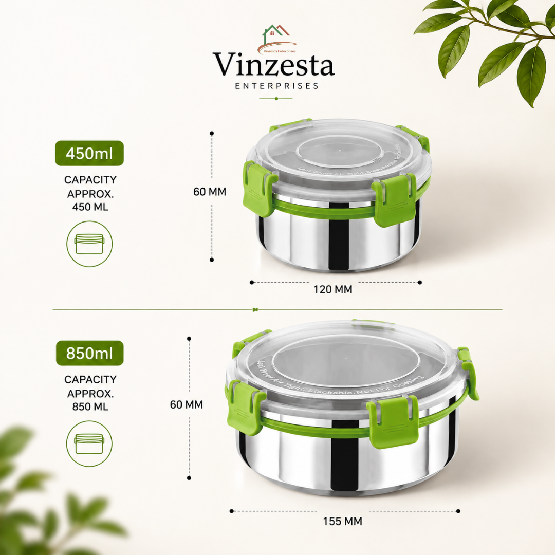 Stainless Steel Lunch Box Combo 450ml & 850ml with Secure Locking Lid Set