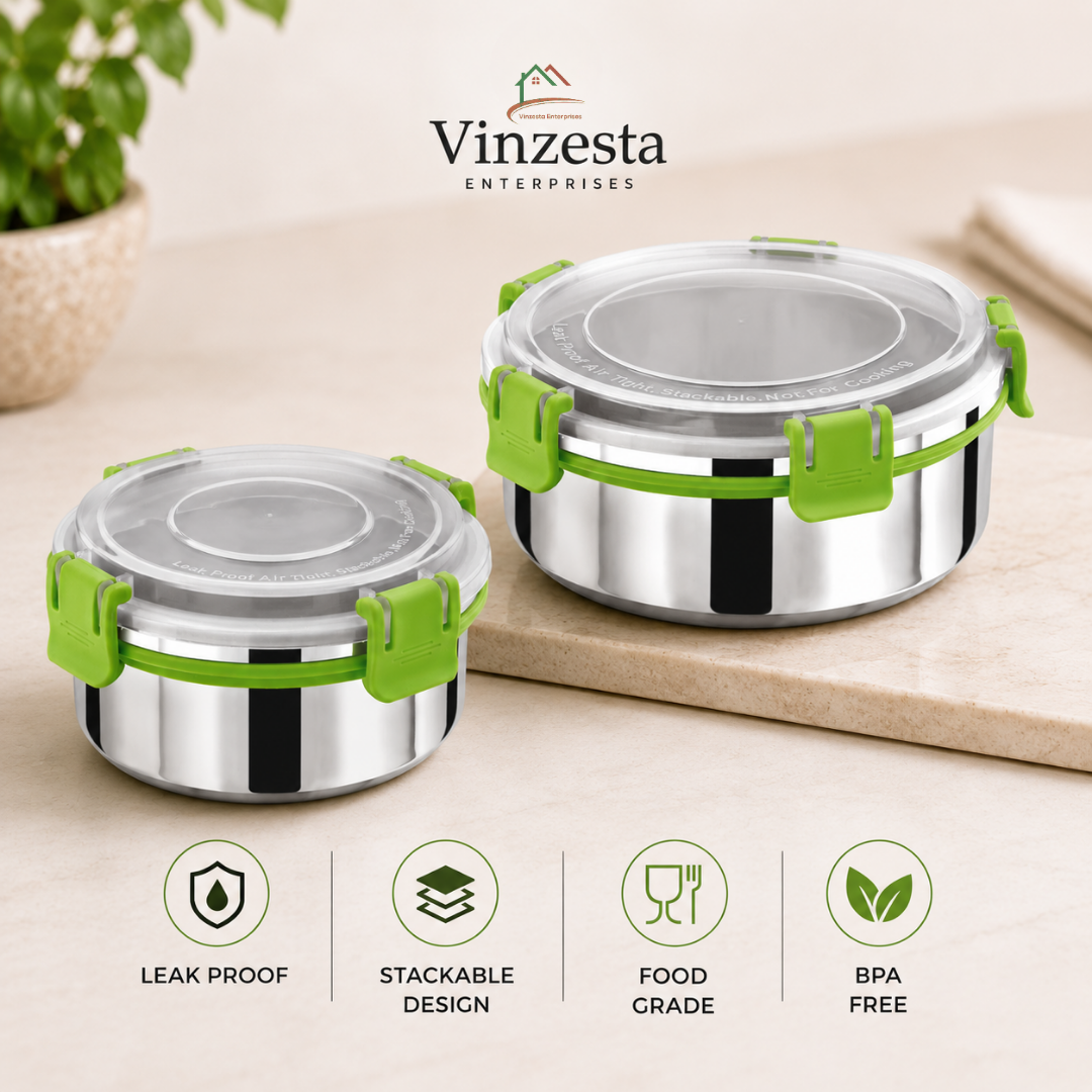 Stainless Steel Lunch Box Combo 450ml & 850ml with Secure Locking Lid Set
