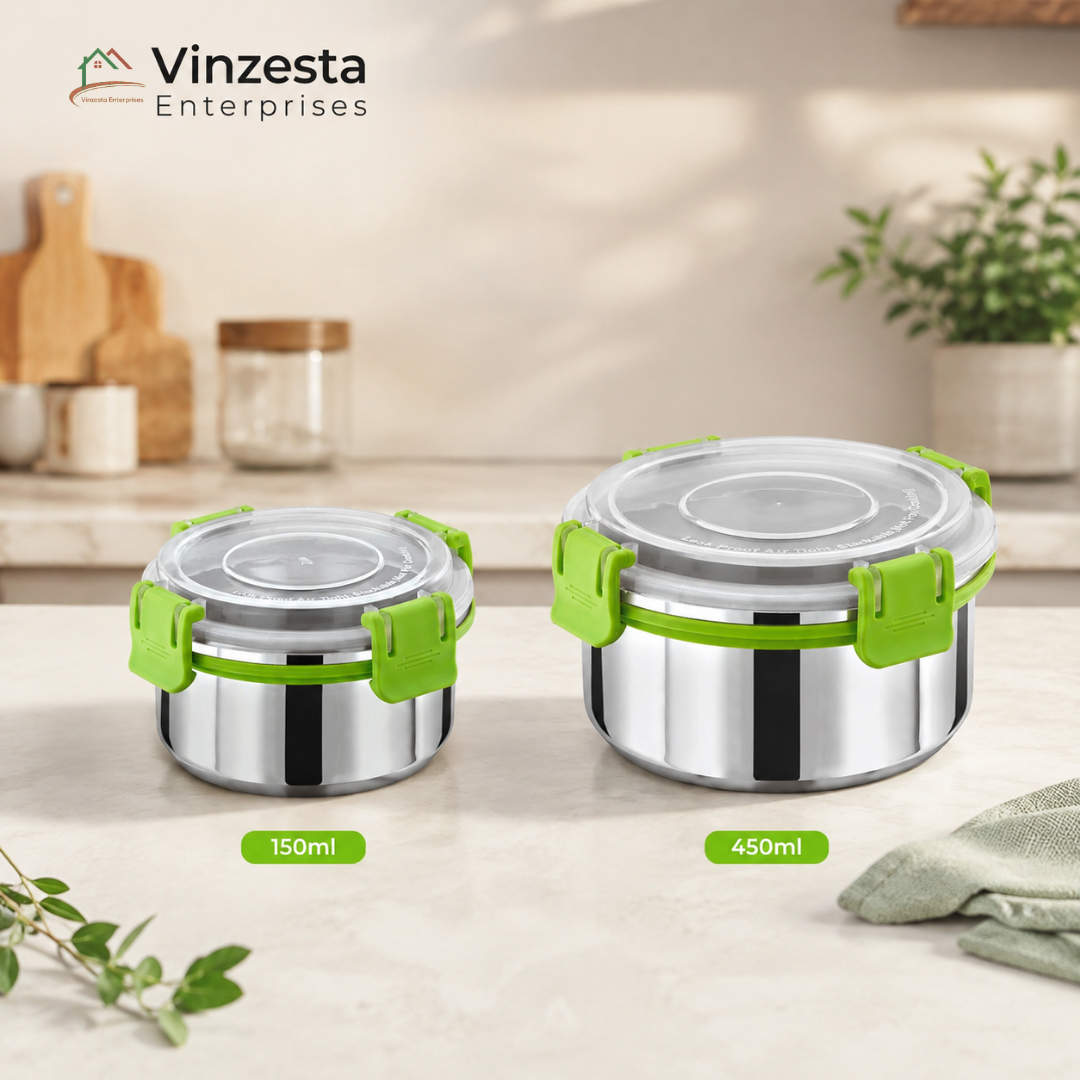 Stainless Steel Lunch Box Combo 150ml & 450ml with Secure Locking Lid Set