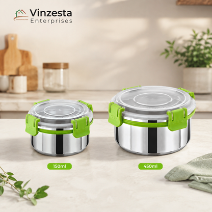 Stainless Steel Lunch Box Combo 150ml & 450ml with Secure Locking Lid Set