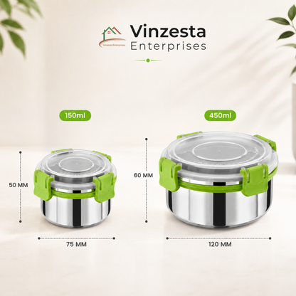 Stainless Steel Lunch Box Combo 150ml & 450ml with Secure Locking Lid Set