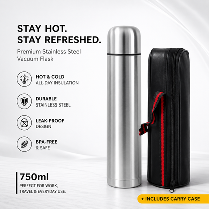 Thermosteel Flask Hot Cold Water Bottle Silver 750ml with Cup Leakproof