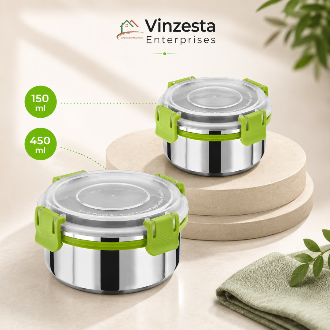 Stainless Steel Lunch Box Combo 150ml & 450ml with Secure Locking Lid Set