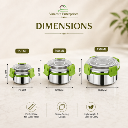 Stainless Steel Lunch Box Combo 150ml 300ml & 450ml with Secure Locking Lids