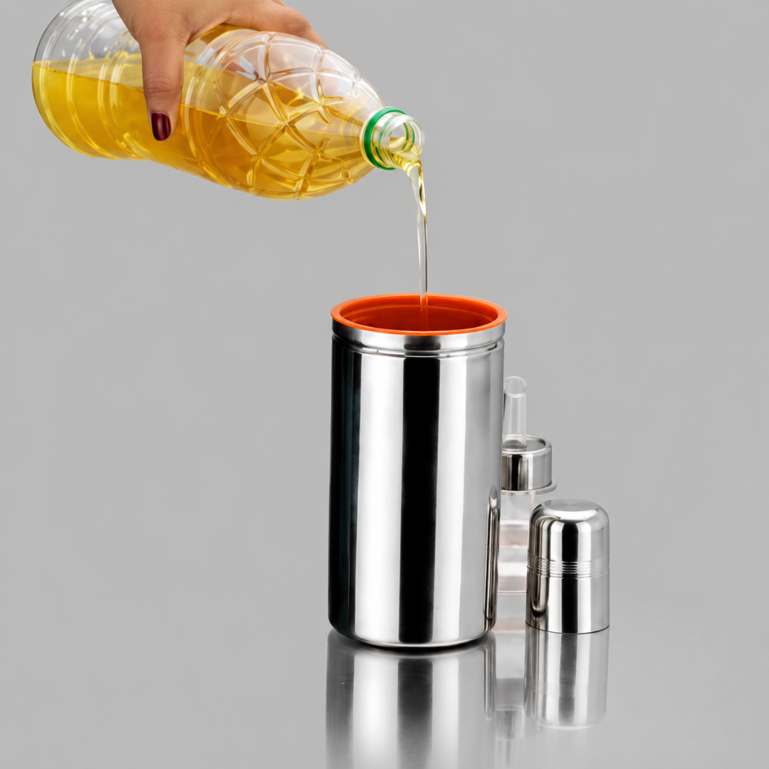 Stainless Steel Oil Dispenser Bottle with Handle & Anti-Drip Pourer 1 Litre
