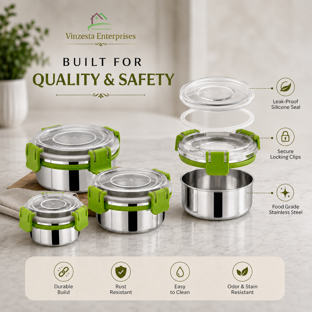 Stainless Steel Lunch Box Combo 150ml 300ml & 450ml with Secure Locking Lids