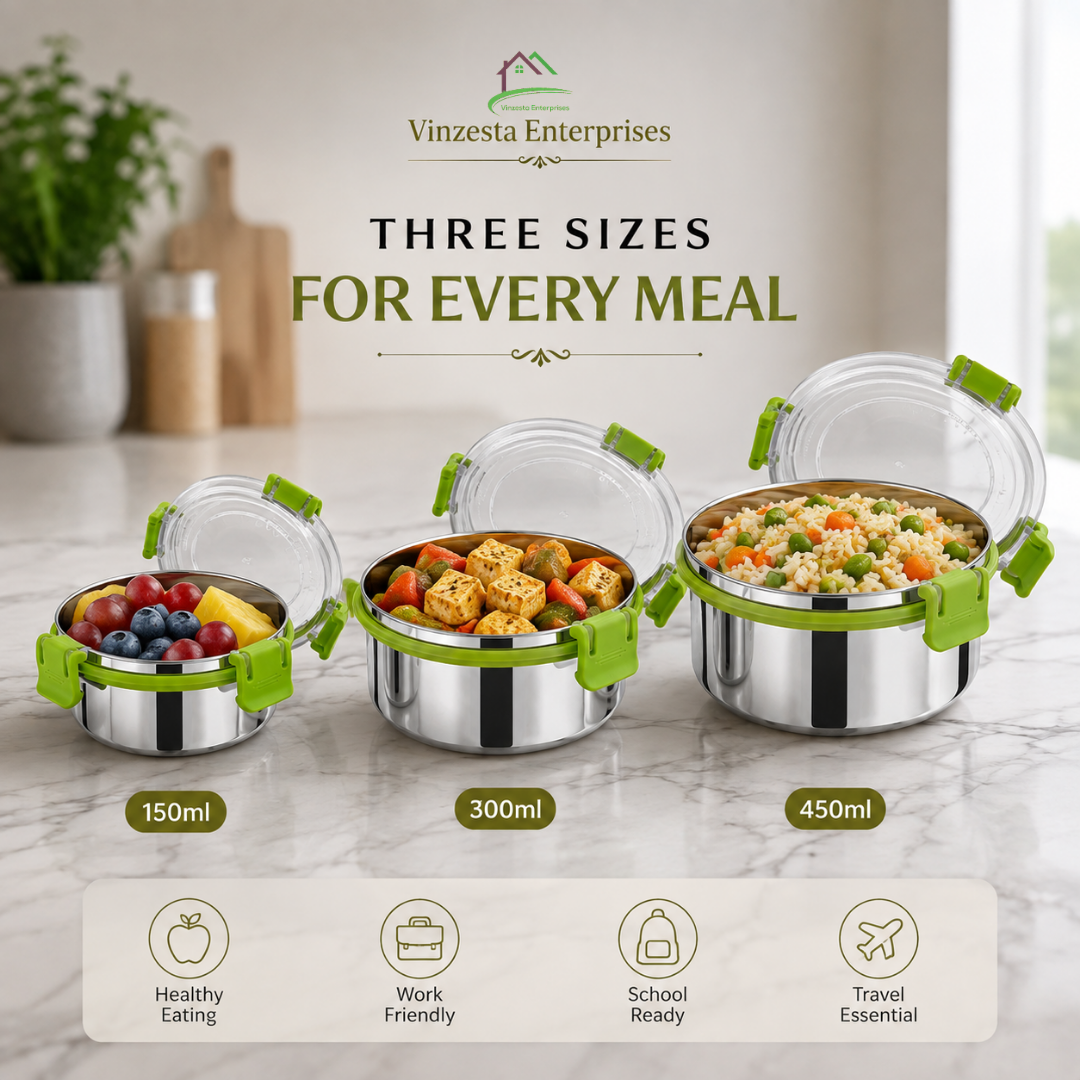 Stainless Steel Lunch Box Combo 150ml 300ml & 450ml with Secure Locking Lids