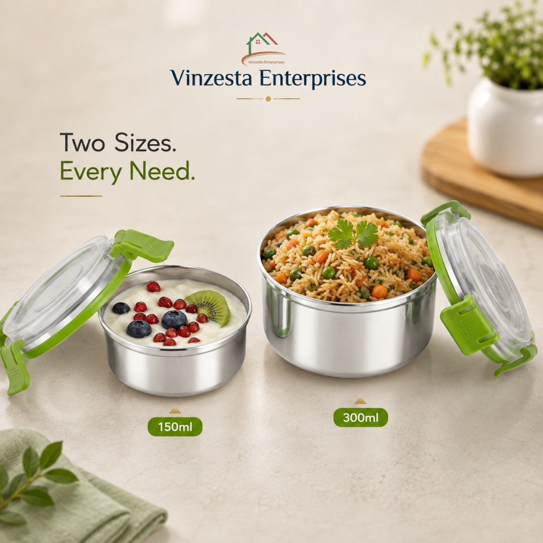 Stainless Steel Lunch Box Combo 150ml & 300ml with Secure Locking Lids Set