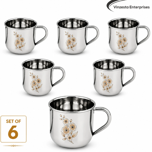 Stainless Steel Tea Cup Set 120ml Floral Design for Home Office Use