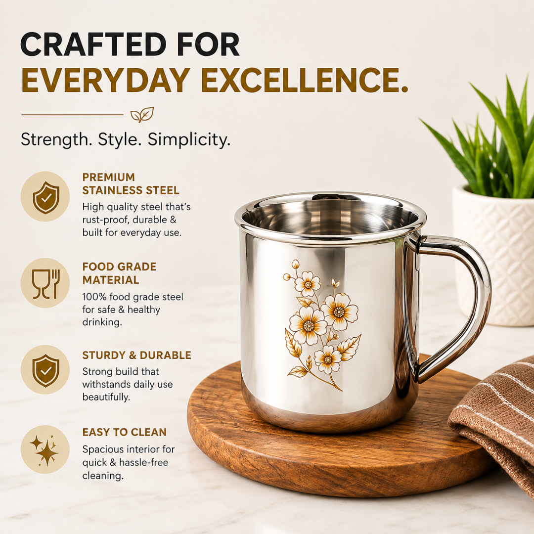 Stainless Steel Tea Cup Set 120ml Floral Design for Home Office Use