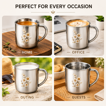 Stainless Steel Tea Cup Set 120ml Floral Design for Home Office Use