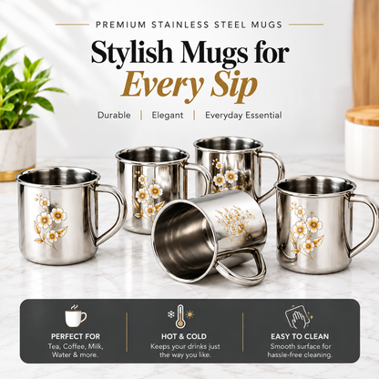 Stainless Steel Tea Cup Set 120ml Floral Design for Home Office Use