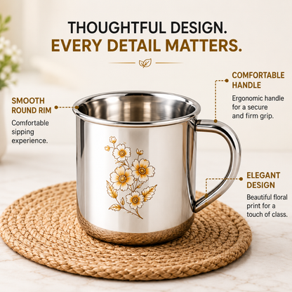 Stainless Steel Tea Cup Set 120ml Floral Design for Home Office Use