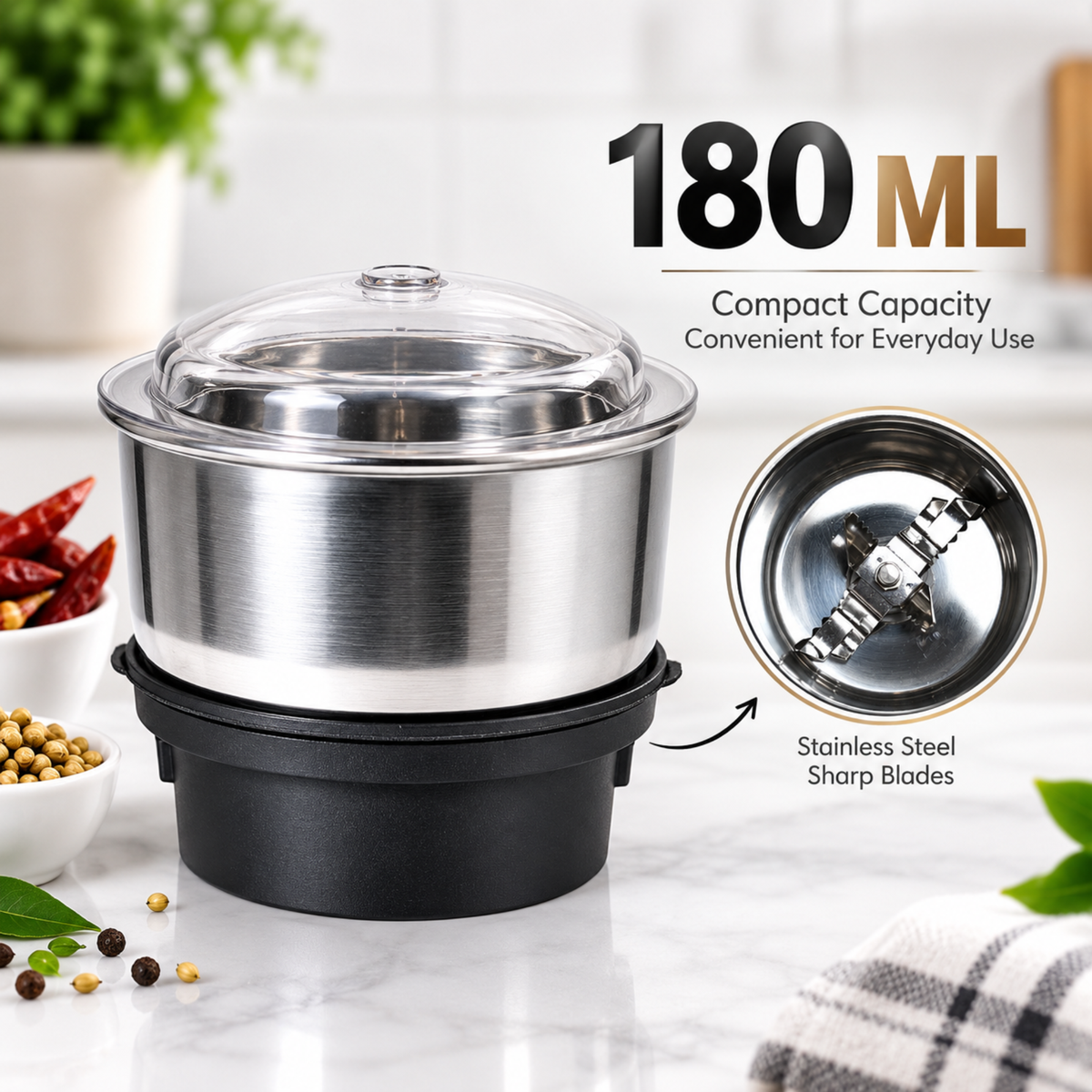 Stainless Steel Mixer Grinder Jar Combo 180ml & 250ml with Transparent Lids