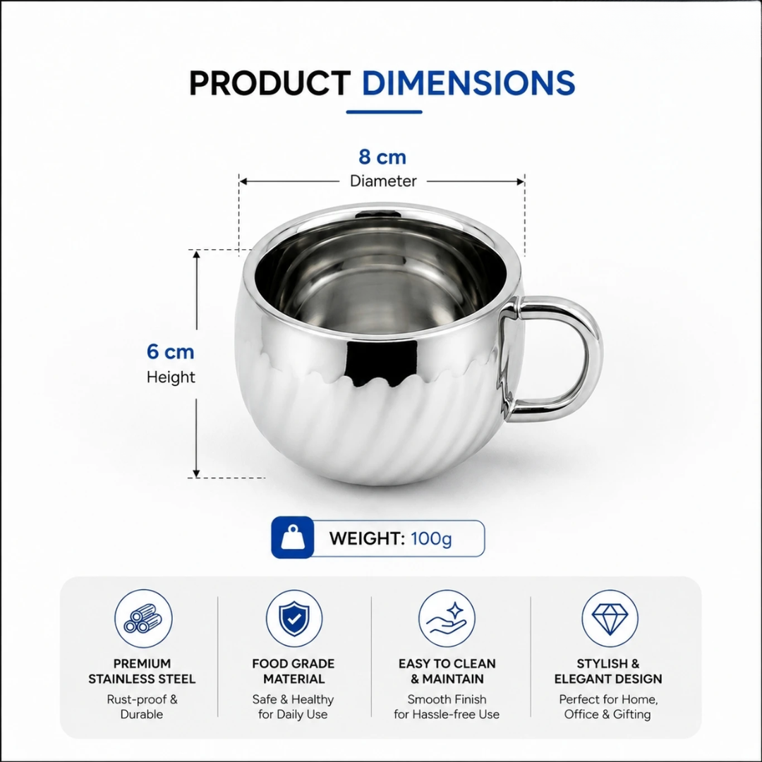 Stainless Steel Tea Cups with Lotus Pattern 120ml Set for Home & Gifting