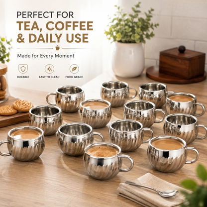 Stainless Steel Tea Cups with Lotus Pattern 120ml Set for Home & Gifting