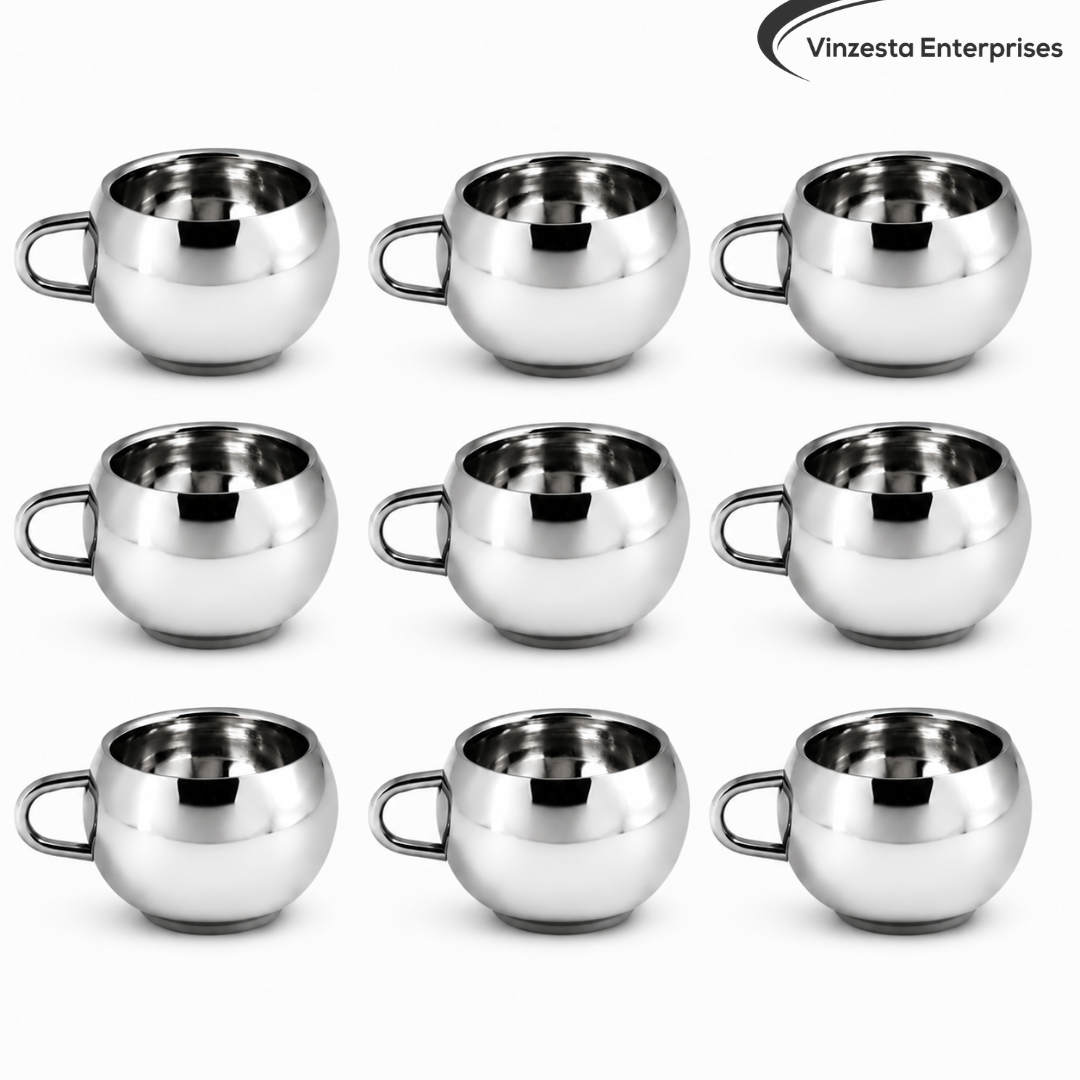 Stainless Steel Tea Cups 120ml Round Polished Steel Cups Set for Home & Gifting