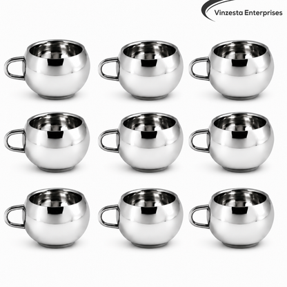 Stainless Steel Tea Cups 120ml Round Polished Steel Cups Set for Home & Gifting